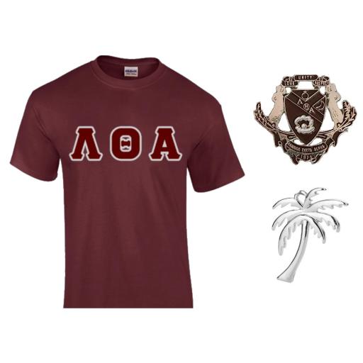 Lambda Theta Alpha Crossing Package Tee Shirt, Crest Pin, Palm Charm